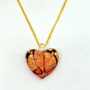 Handcrafted Artisan Lampworked Glass Heart Pendant Necklace w/Gold Tone Chain